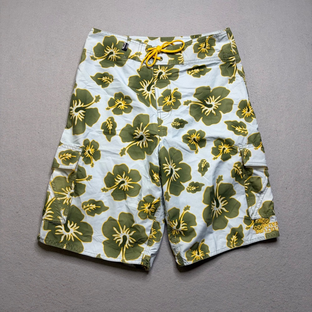 Counter Culture Board Shorts Mens 29 Blue Green Hibiscus‎ Vintage Y2K Surf Cargo